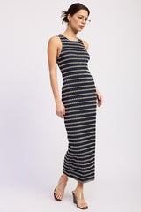 Navy Ribbed Striped Fitted Maxi Dress