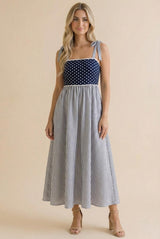 Navy Polka Dot Stripe Shoulder Tie Midi Dress