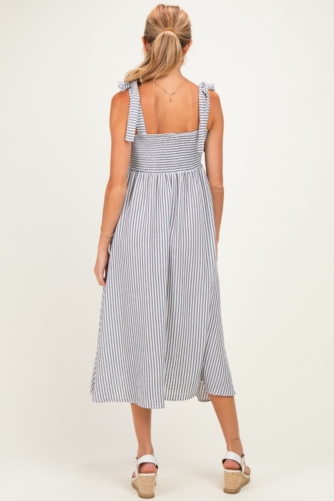 Navy Polka Dot Stripe Shoulder Tie Maternity Midi Dress