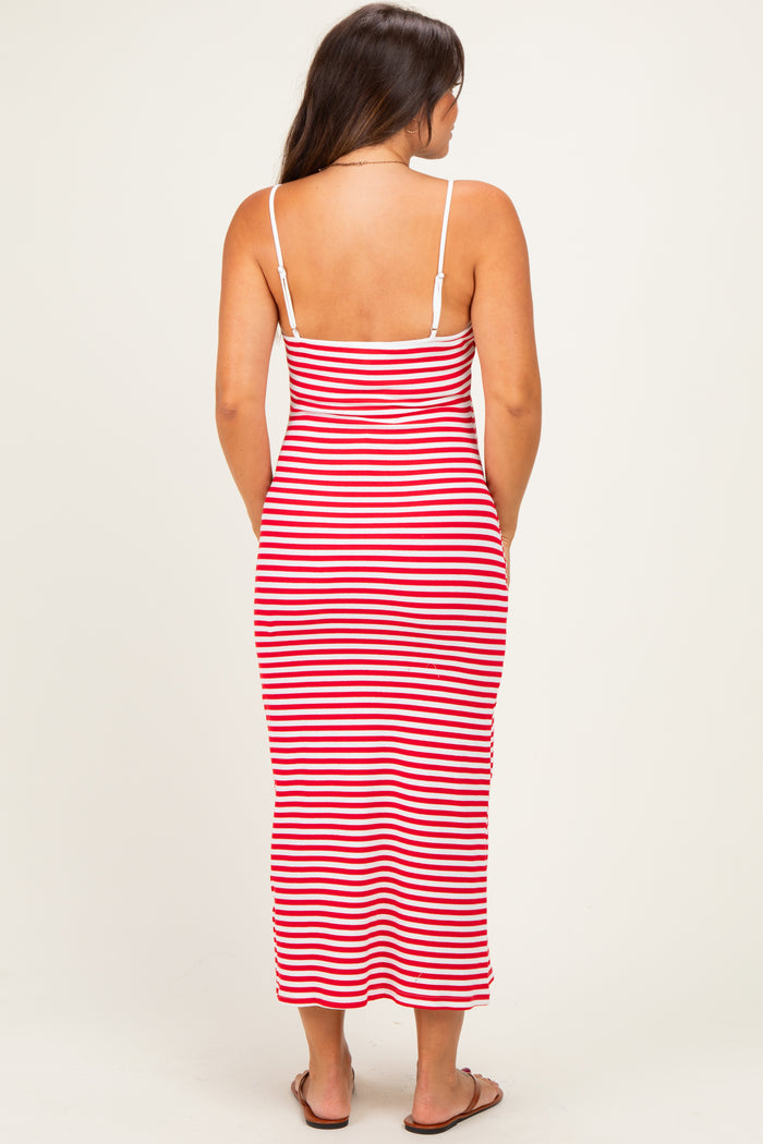 woman wearing a red and white striped maternity maxi dress with thin straps, showing off her baby bump from the back