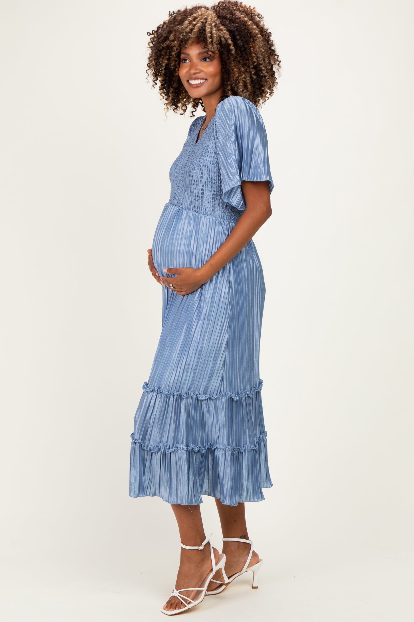 Blue Pleated Satin Smocked Maternity Midi Dress
