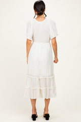 Cream Pleated Satin Smocked Midi Dress