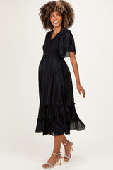 Black Pleated Satin Smocked Maternity Midi Dress