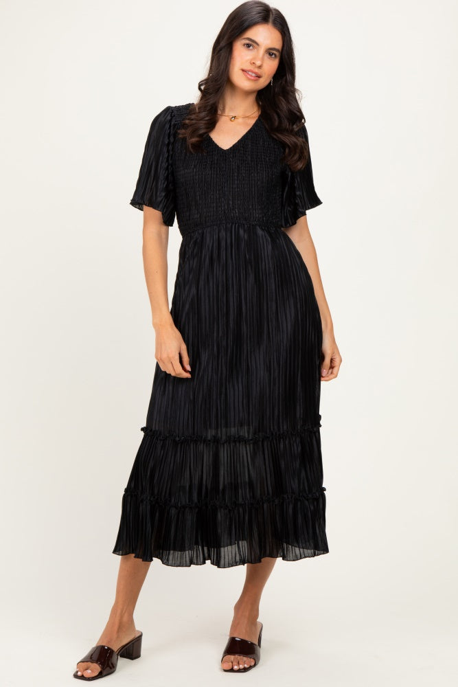 Black Pleated Satin Smocked Maternity Midi Dress