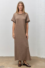Mocha Striped Knit Scallop Accent Maxi Dress