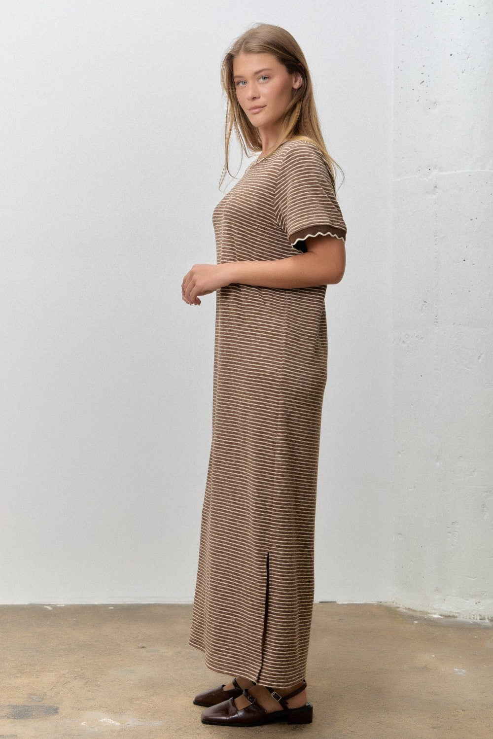 Mocha Striped Knit Scallop Accent Maxi Dress