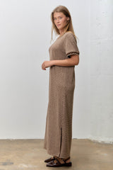 Mocha Striped Knit Scallop Accent Maxi Dress