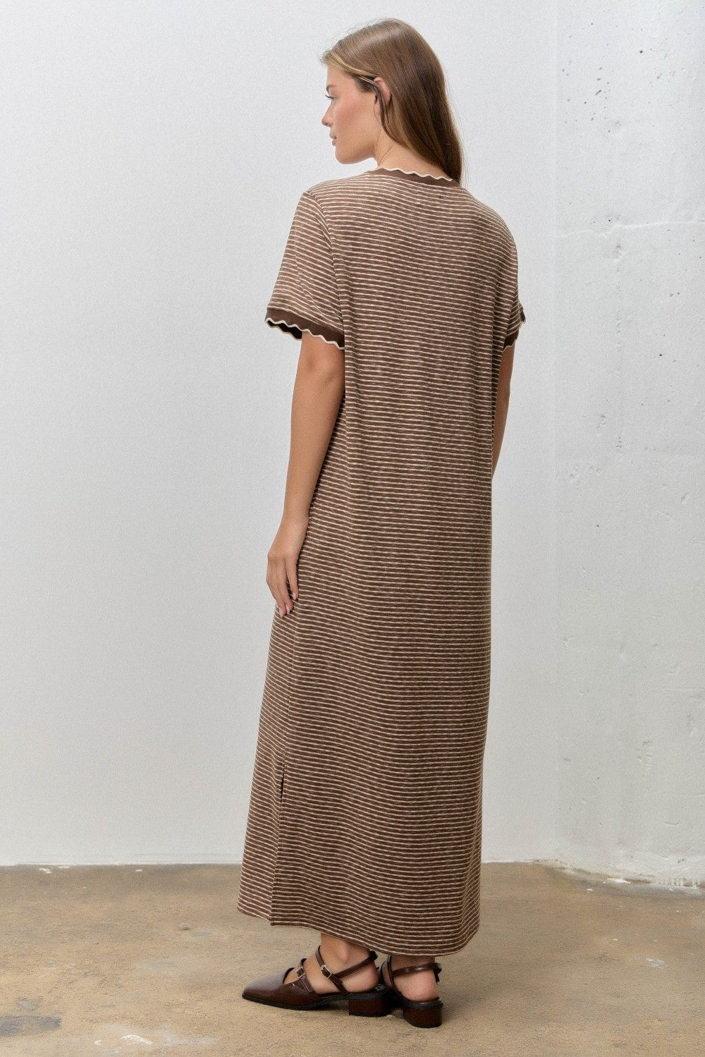 Mocha Striped Knit Scallop Accent Maxi Dress