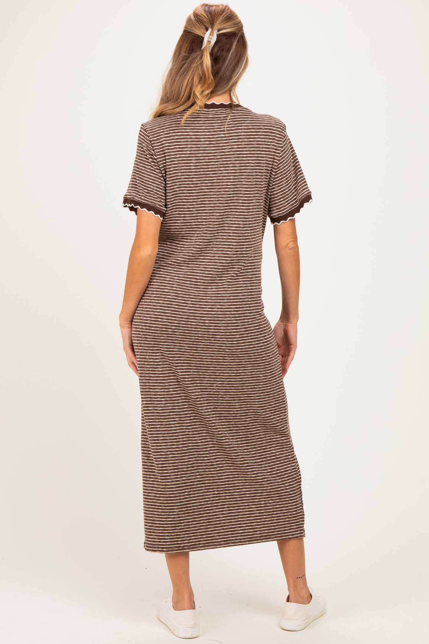 Mocha Striped Knit Scallop Accent Maternity Maxi Dress
