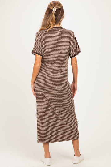 Mocha Striped Knit Scallop Accent Maternity Maxi Dress