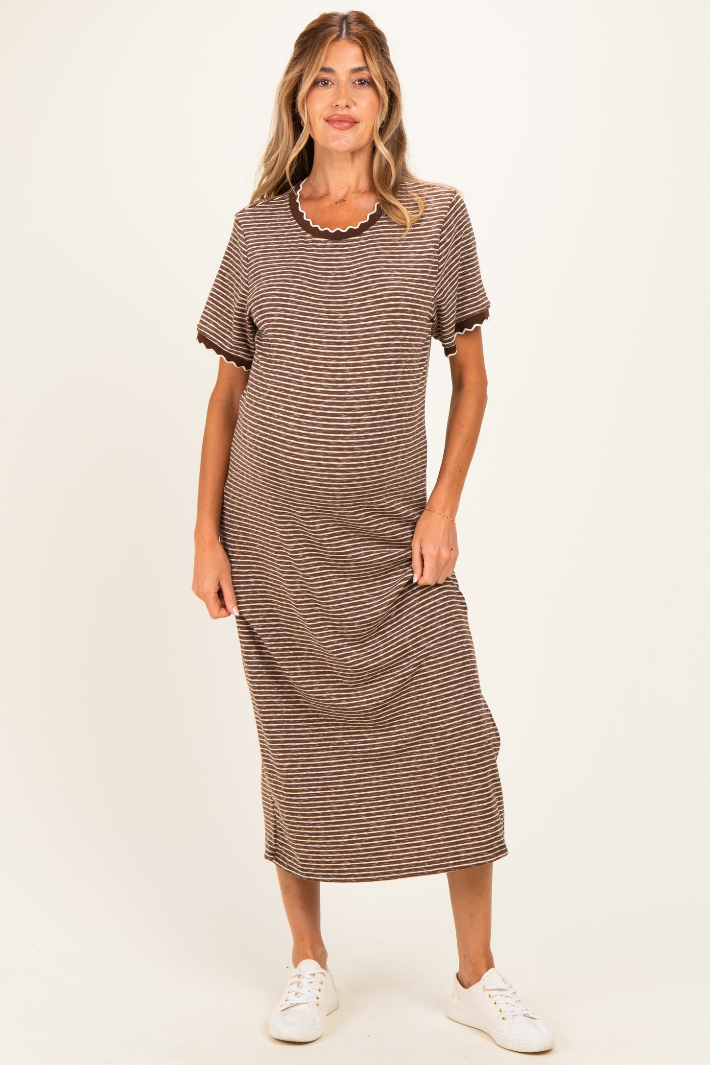 Mocha Striped Knit Scallop Accent Maternity Maxi Dress