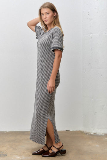 Charcoal Striped Knit Scallop Accent Maxi Dress