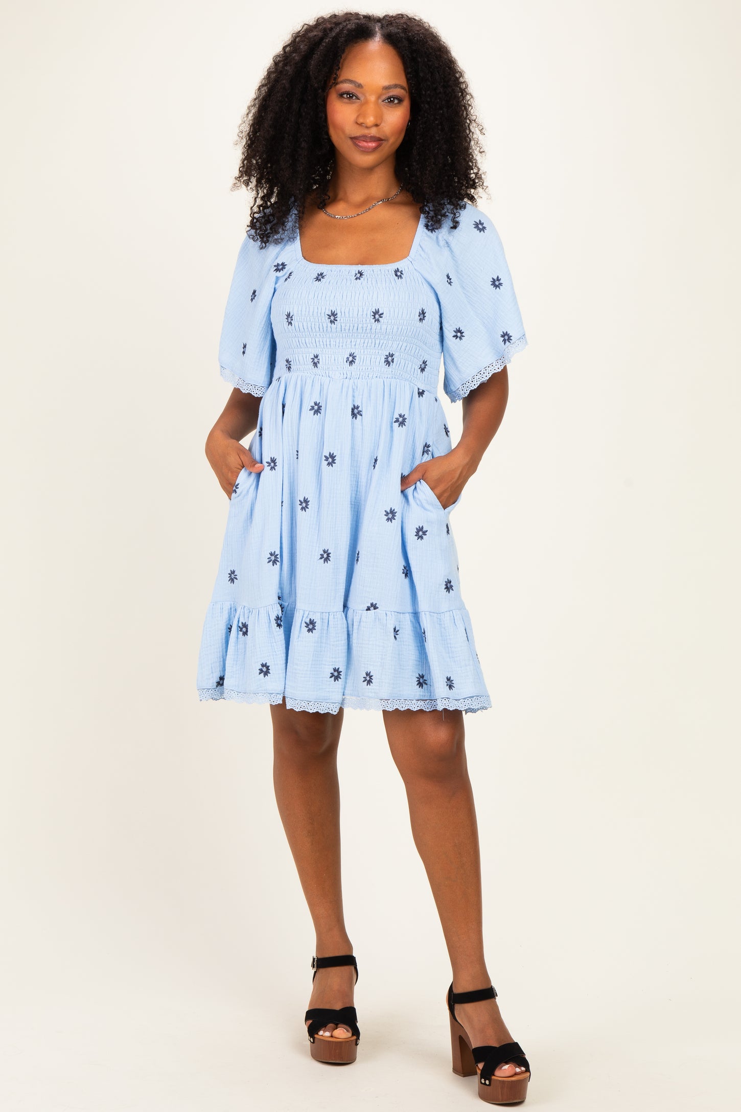 Blue Floral Embroidered Smocked Maternity Dress