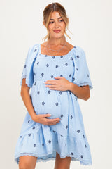 Blue Floral Embroidered Smocked Maternity Dress