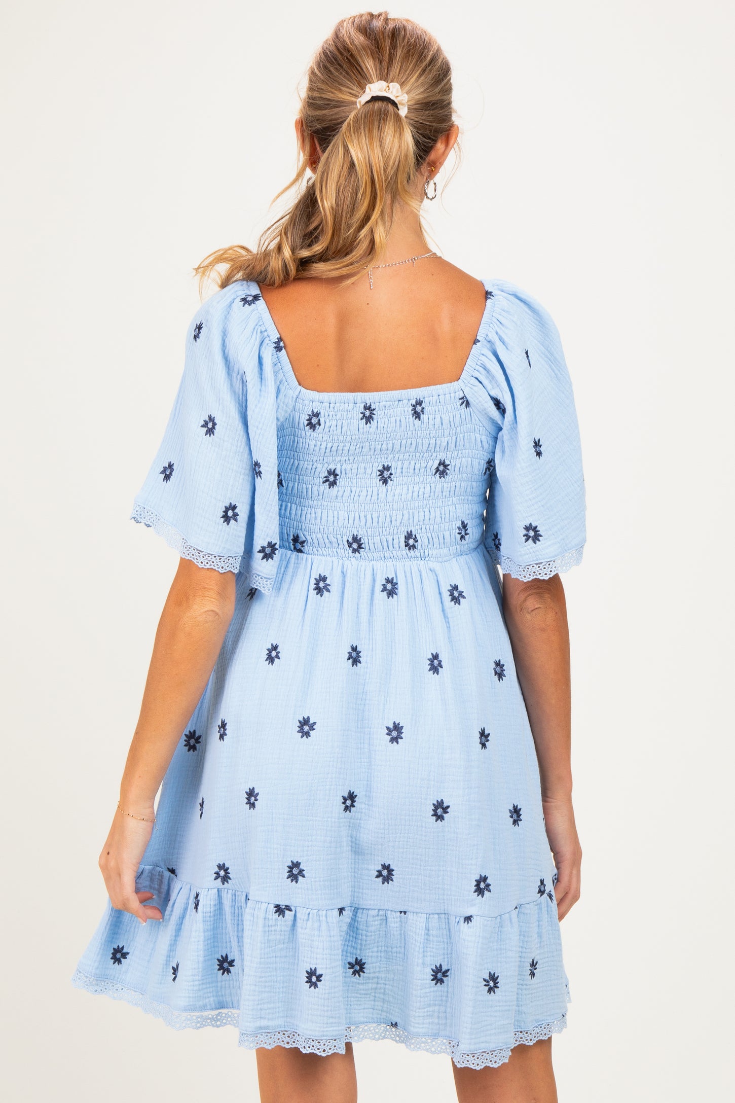 Blue Floral Embroidered Smocked Maternity Dress