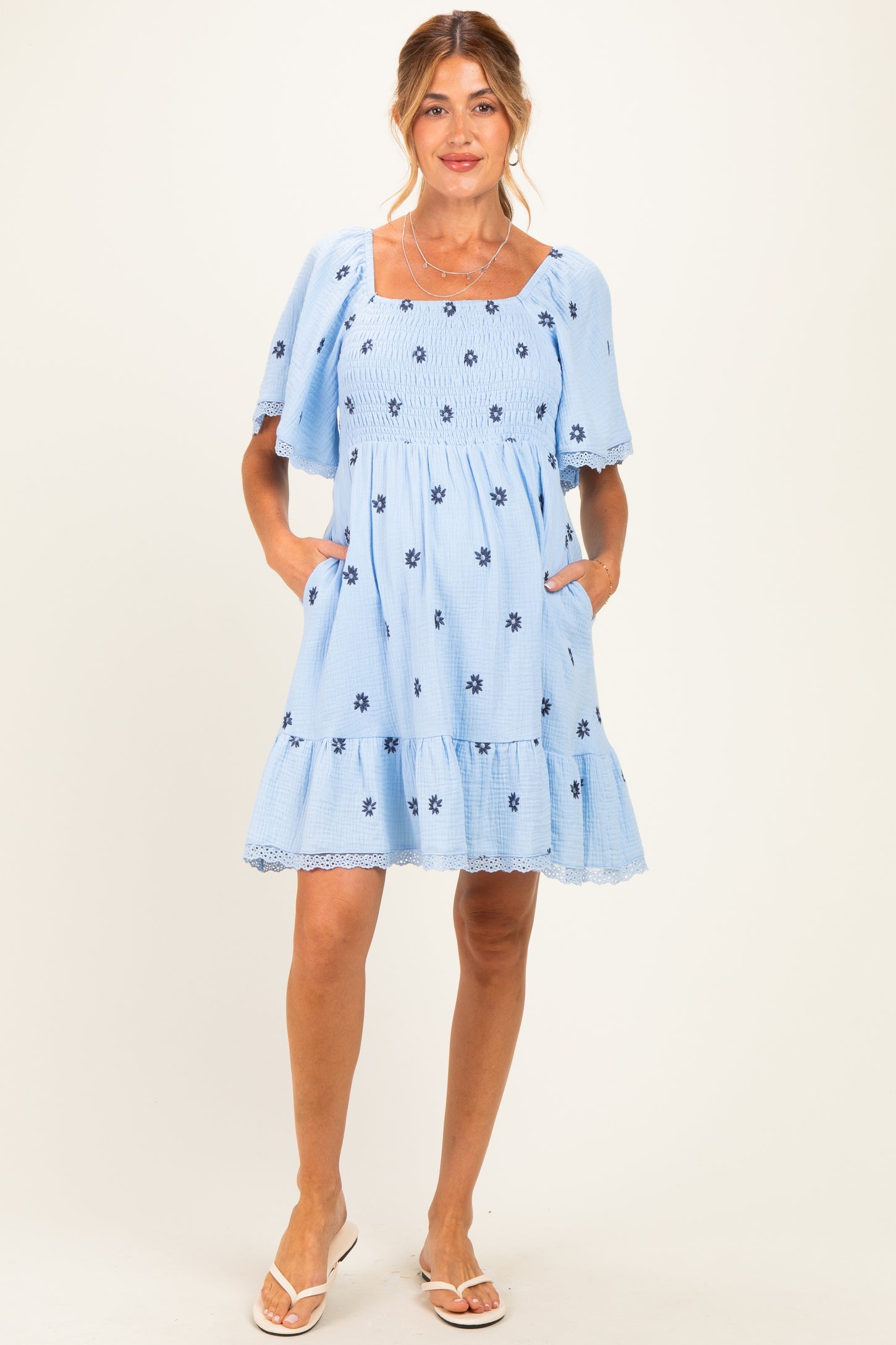 Blue Floral Embroidered Smocked Maternity Dress