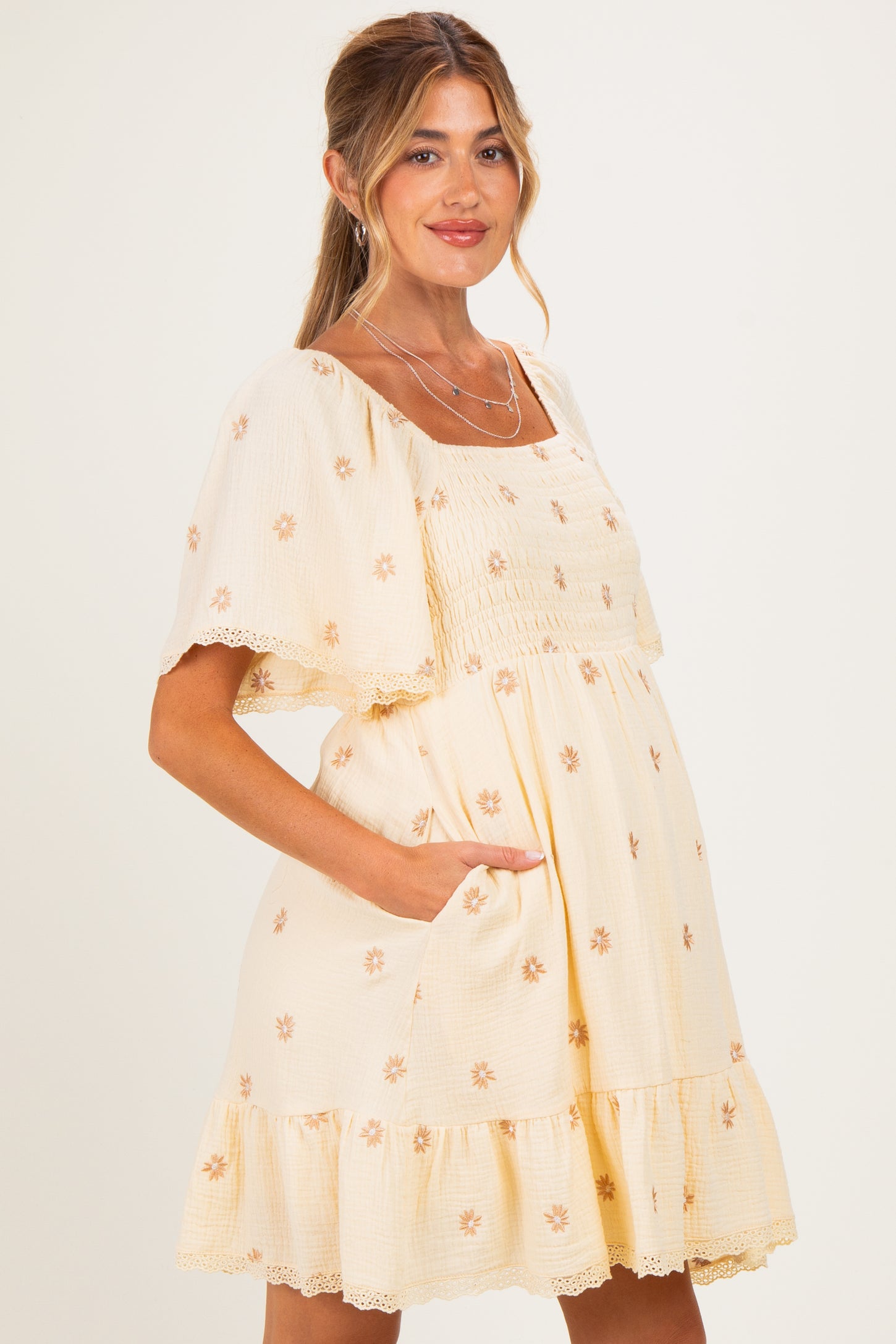 Beige Floral Embroidered Smocked Maternity Dress