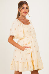 Beige Floral Embroidered Smocked Maternity Dress
