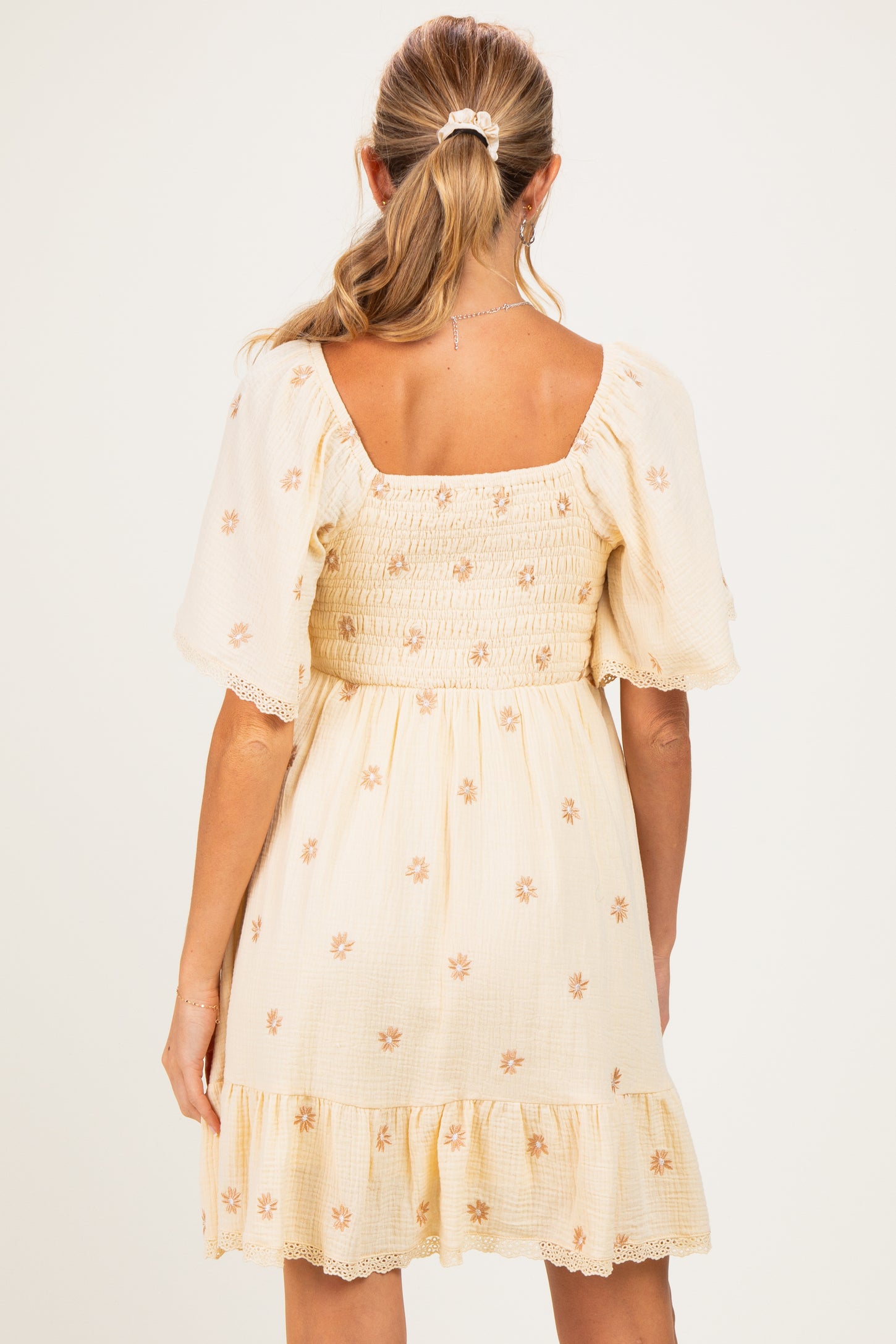 Beige Floral Embroidered Smocked Maternity Dress