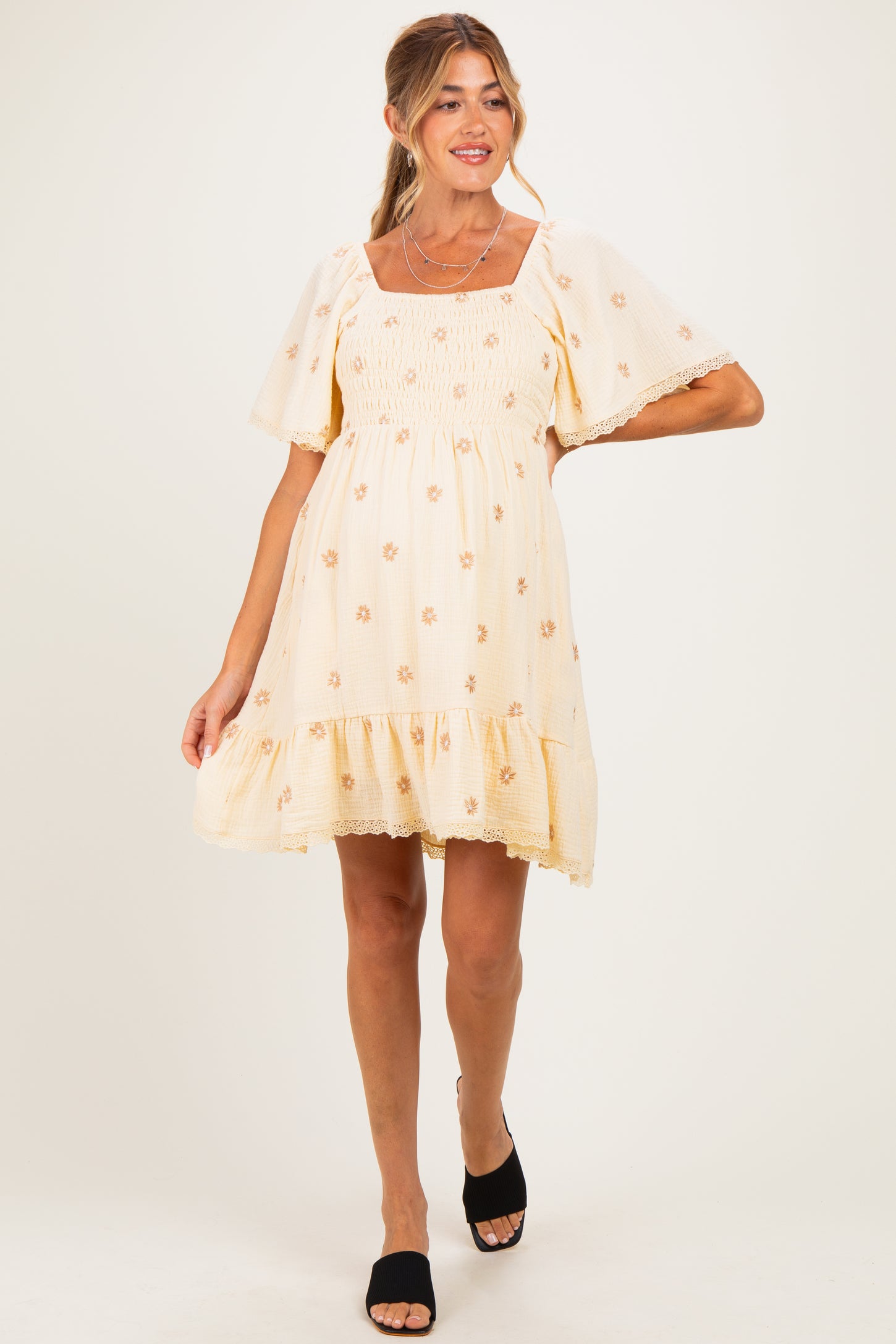 Beige Floral Embroidered Smocked Maternity Dress