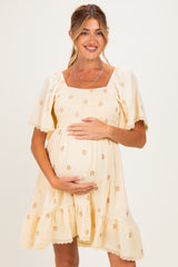 Beige Floral Embroidered Smocked Maternity Dress
