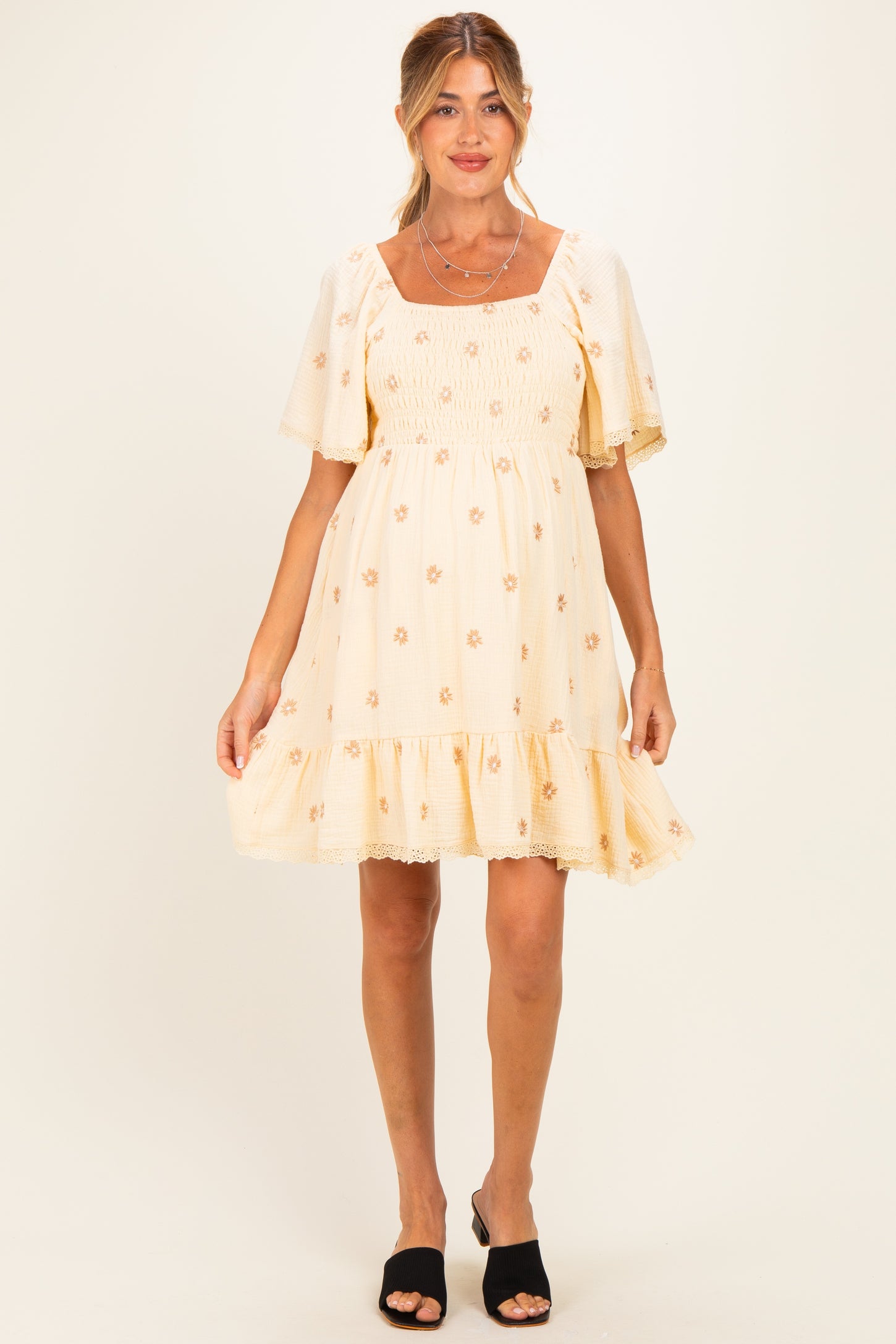 Beige Floral Embroidered Smocked Maternity Dress
