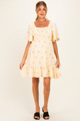 Beige Floral Embroidered Smocked Maternity Dress
