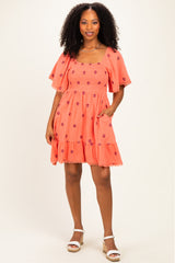 Light Orange Floral Embroidered Smocked Maternity Dress