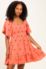 Light Orange Floral Embroidered Smocked Dress