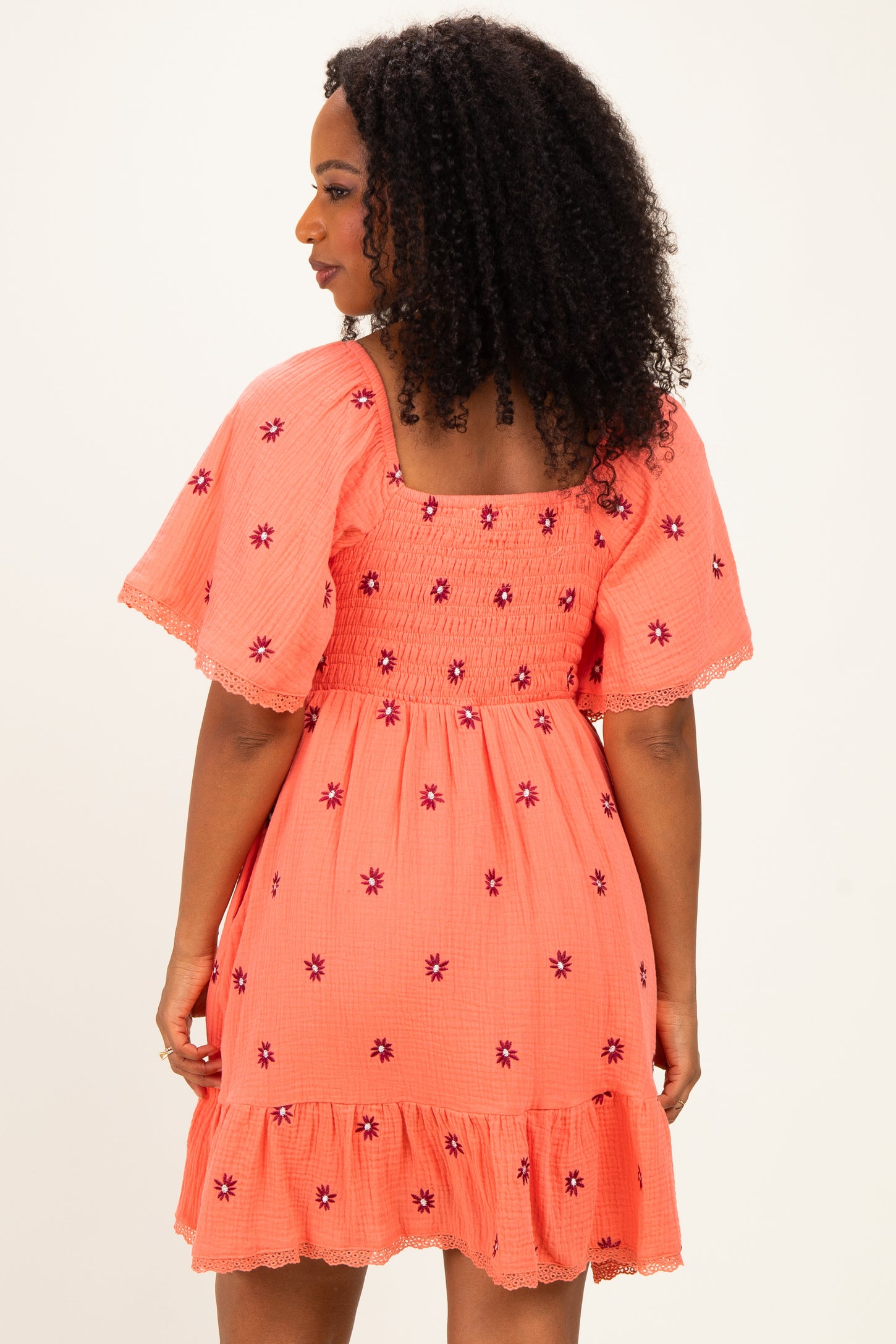 Light Orange Floral Embroidered Smocked Dress