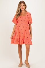 Light Orange Floral Embroidered Smocked Maternity Dress