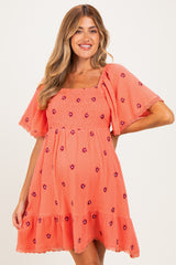 Light Orange Floral Embroidered Smocked Maternity Dress