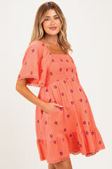 Light Orange Floral Embroidered Smocked Maternity Dress