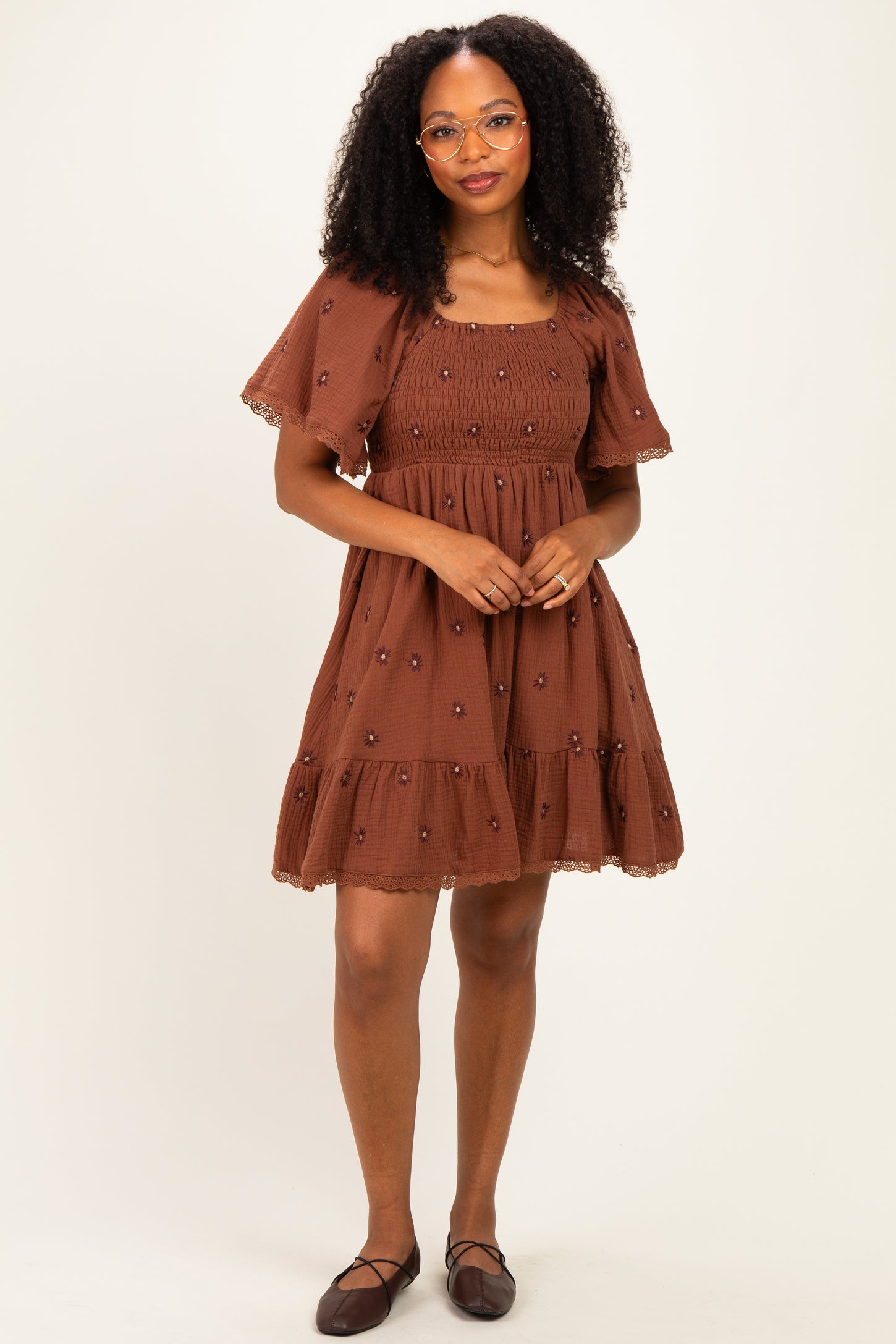 Chocolate Floral Embroidered Smocked Dress