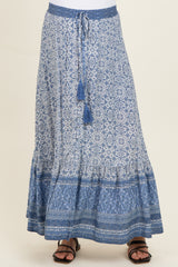 Blue Boho Print Drawstring Smocked Waist Maternity Maxi Skirt