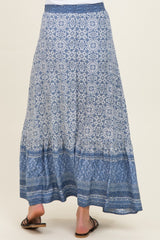 Blue Boho Print Drawstring Smocked Waist Maternity Maxi Skirt