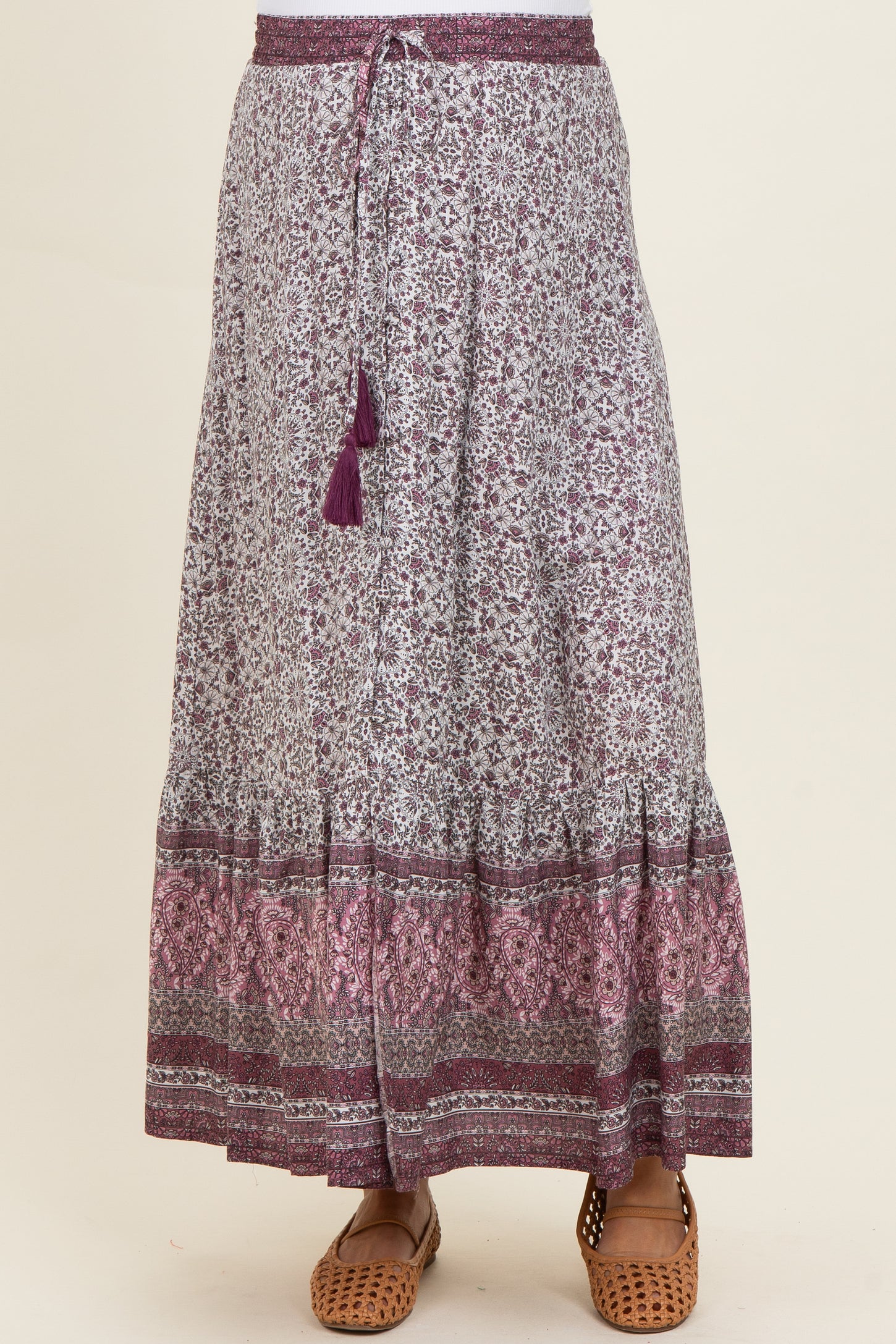 Rose Boho Print Drawstring Smocked Waist Maternity Maxi Skirt