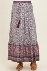 Rose Boho Print Drawstring Smocked Waist Maternity Maxi Skirt