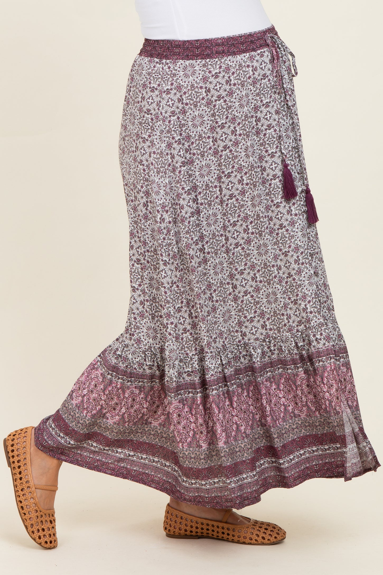 Rose Boho Print Drawstring Smocked Waist Maternity Maxi Skirt