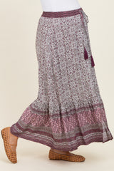 Rose Boho Print Drawstring Smocked Waist Maternity Maxi Skirt