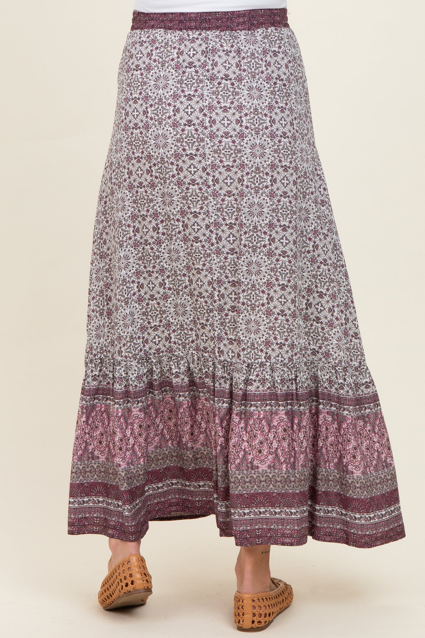 Rose Boho Print Drawstring Smocked Waist Maternity Maxi Skirt