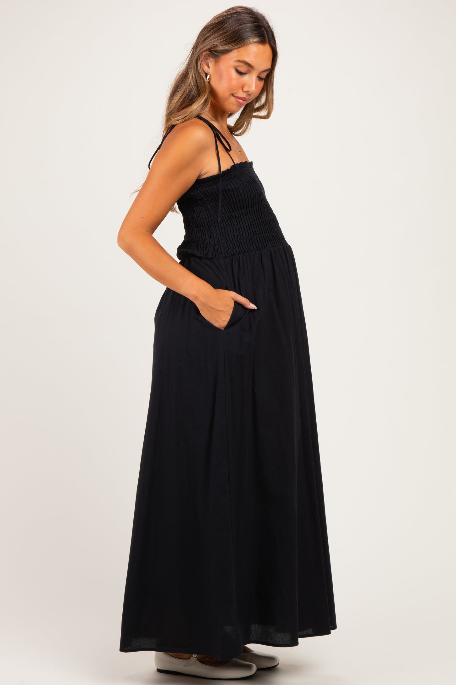 Black Smocked Shoulder Tie Maternity Maxi Dress