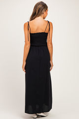 Black Smocked Shoulder Tie Maternity Maxi Dress