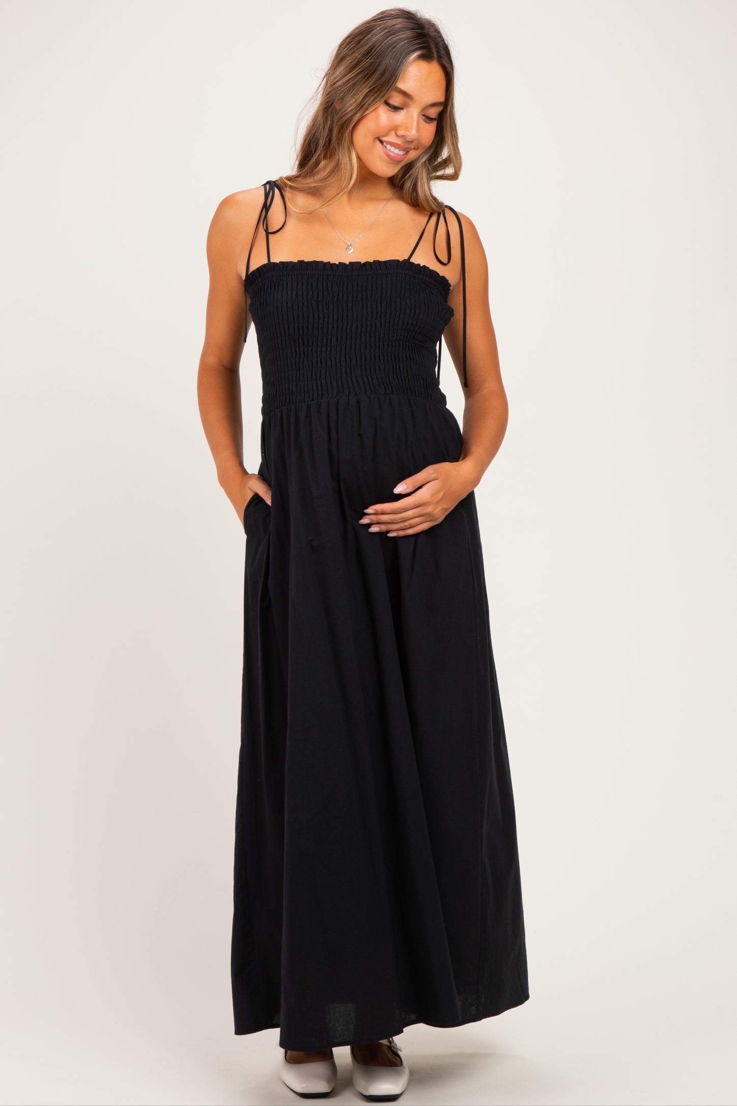 Black Smocked Shoulder Tie Maternity Maxi Dress