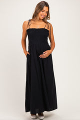 Black Smocked Shoulder Tie Maternity Maxi Dress