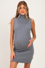 Charcoal Cable Knit Sleeveless Turtleneck Maternity Dress