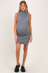 Charcoal Cable Knit Sleeveless Turtleneck Maternity Dress