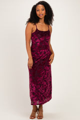 Burgundy Floral Burnout Velvet Midi Dress