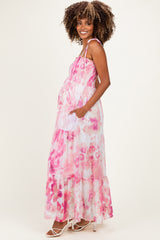 Pink Sleeveless Tiered Maternity Maxi Dress