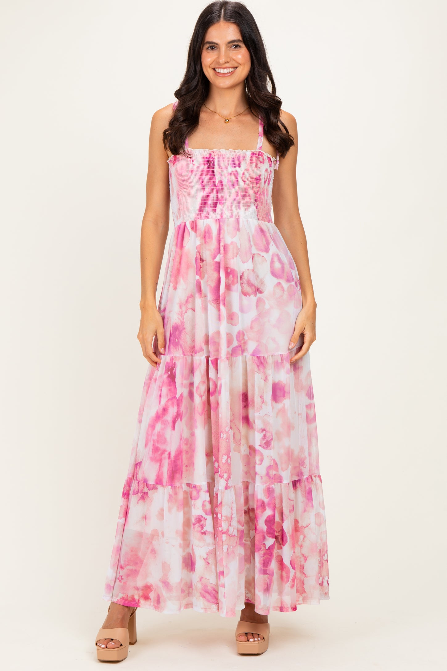 Pink Sleeveless Tiered Maternity Maxi Dress